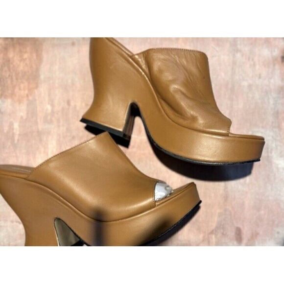 NEW FREE PEOPLE INTENTIONALLY BLANK Sz 41 RAVEN PLATFORM HEEL MULE TAN LEATHER - Picture 5 of 5